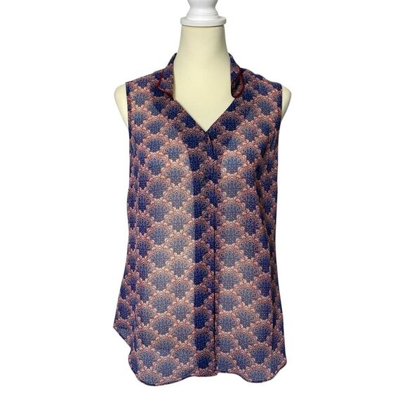 Cabi Burgundy & Blue Sleeveless Sheer Fan Blouse Women's Size Small - Picture 1 of 16